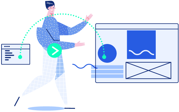 Illustration of a person showing how computer code turns into an application